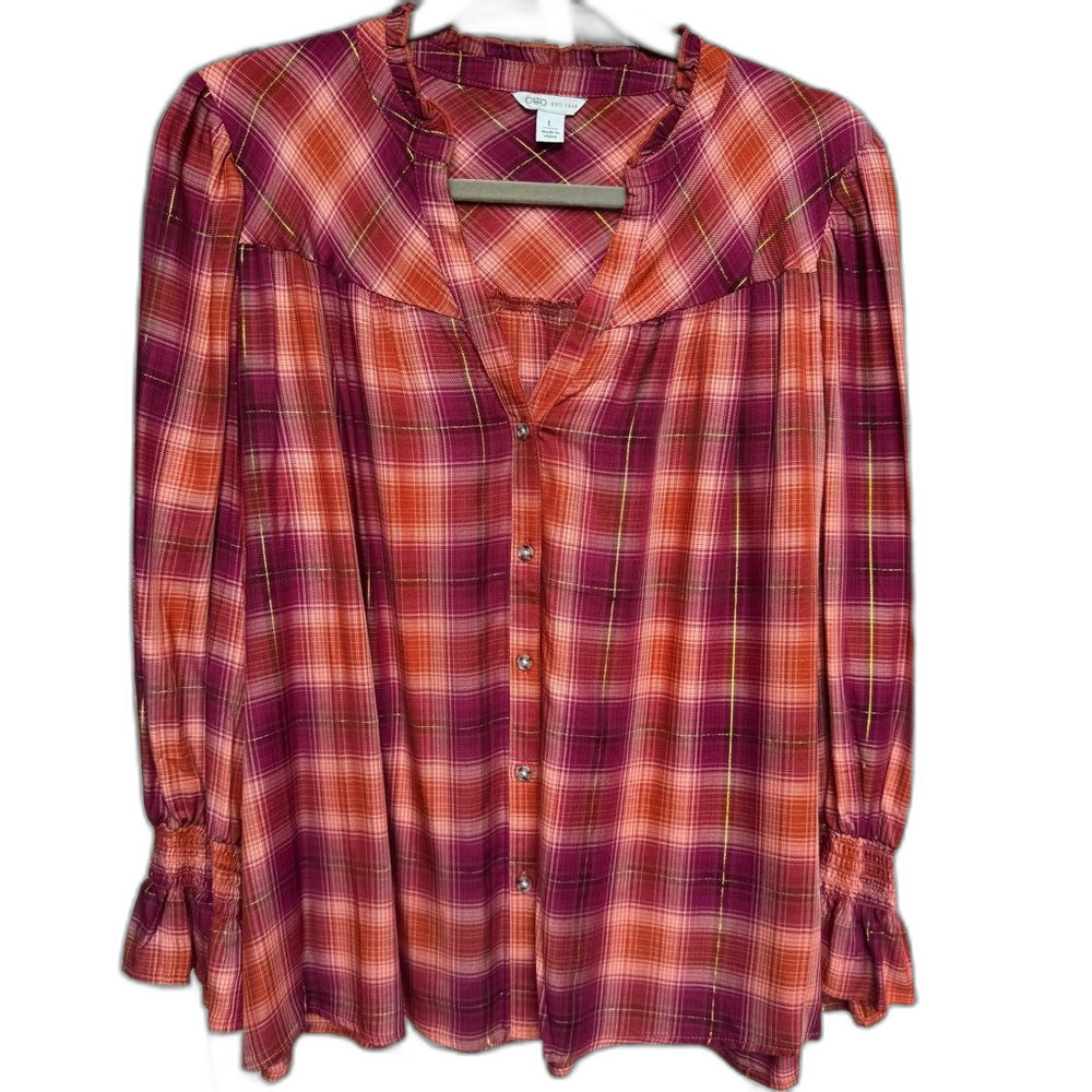 Cato Plum Burgundy and Orange Plaid Blouse, Size L
